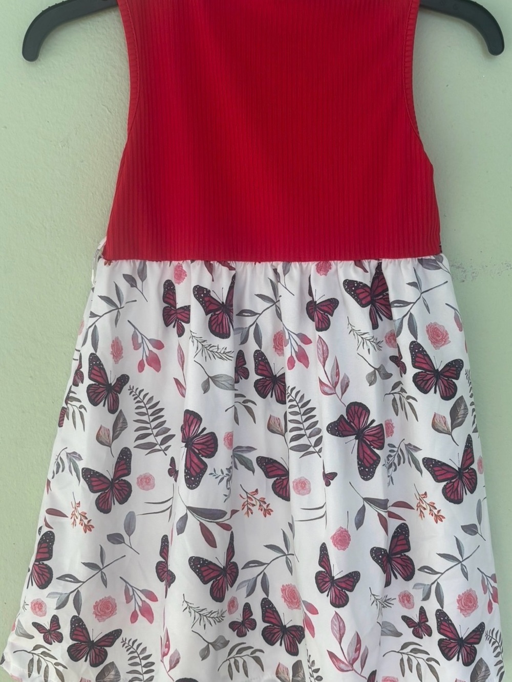 Girls Red Bodice Butterfly Print Casual Dress